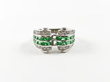 Elegant Unique Scroll Design Green Color CZ Silver Ring