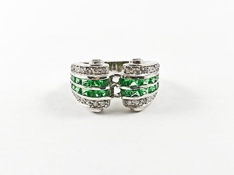 Elegant Unique Scroll Design Green Color CZ Silver Ring