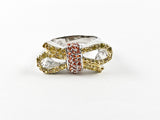 Beautiful Unique Colorful Bow Knot Design Yellow & Orange Color CZ Silver Ring