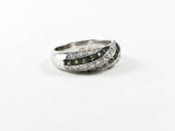 Elegant Cute Diagonal Stripe Design Olive & Clear CZ Band Silver Ring