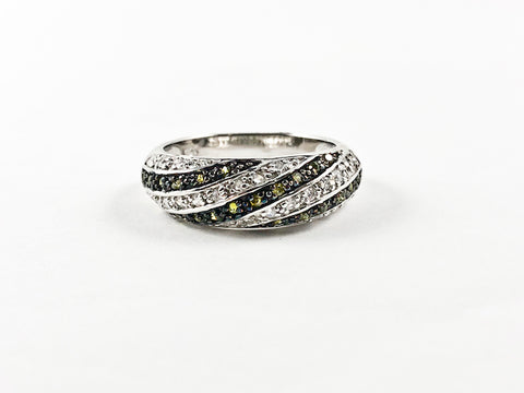 Elegant Cute Diagonal Stripe Design Olive & Clear CZ Band Silver Ring
