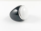 Fun Modern Large Round Black & White Enamel Design Silver Ring