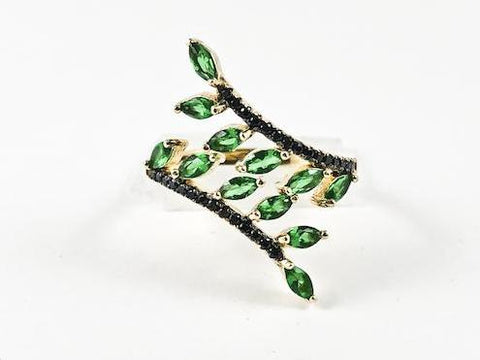 Dainty Cute Leaf Floral Design Black & Green CZ Design Gold Tone Ring