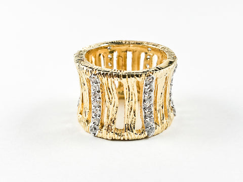 Elegant Textured Open Design CZ Eternity Gold Tone Silver Ring