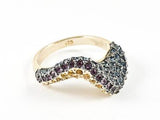 Unique Thin Wavy & Geometric Design Multi Color CZ Gold Tone Silver Ring