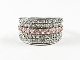 Elegant Multi CZ Row With Center Pink CZ Strip Micro Setting Style Silver Ring
