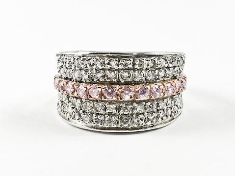 Elegant Multi CZ Row With Center Pink CZ Strip Micro Setting Style Silver Ring
