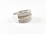 Elegant Multi CZ Row With Center Yellow Strip Micro Setting Style Silver Ring