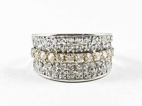 Elegant Multi CZ Row With Center Yellow Strip Micro Setting Style Silver Ring