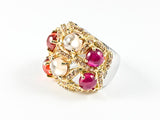 Elegant Unique Textured Large Round Colorful Crystal CZ Shape Gold Tone Silver Ring
