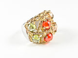 Elegant Unique Textured Large Round Colorful Crystal CZ Shape Gold Tone Silver Ring