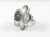 Large Elegant Floral & Star Design Black & Clear CZ Silver Ring