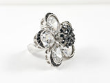 Large Elegant Floral & Star Design Black & Clear CZ Silver Ring