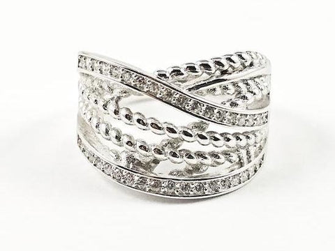 Unique Layered Twist & Cross Pattern CZ Silver Ring