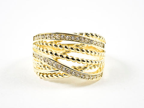 Unique Layered Twist & Cross Pattern Gold Tone CZ Silver Ring