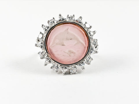 Fun Dolphin Print Round Shape Pink CZ Silver Ring