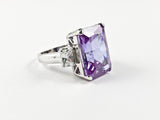 Classic Trillion Style Rectangular Center Purple CZ Silver Ring