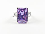 Classic Trillion Style Rectangular Center Purple CZ Silver Ring