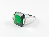 Classic Large Emerald Color CZ Rectangular Cut Center Silver Ring