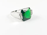 Classic Large Emerald Color CZ Rectangular Cut Center Silver Ring