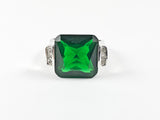 Classic Large Emerald Color CZ Rectangular Cut Center Silver Ring