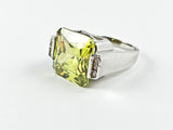 Classic Large Peridot Color CZ Rectangular Cut Center Silver Ring