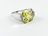 Classic Large Peridot Color CZ Rectangular Cut Center Silver Ring