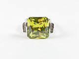 Classic Large Peridot Color CZ Rectangular Cut Center Silver Ring