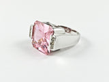 Classic Large Pink Color CZ Rectangular Cut Center Silver Ring