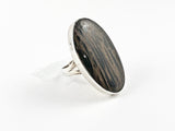 Unique Long Oval Shape Wood Impression Silver Ring
