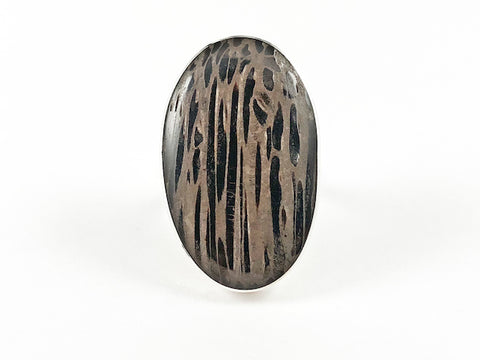 Unique Long Oval Shape Wood Impression Silver Ring