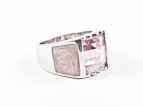 Casual Delicate Pink Square Enamel Silver Ring