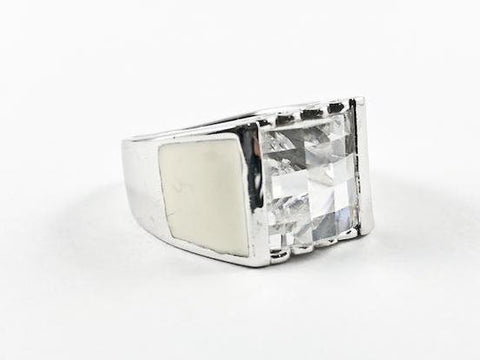 Casual Delicate White Square Enamel Silver Ring