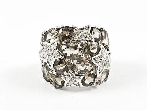 Elegant Bold Smoke Topaz Stones Shooting Star Design Silver Ring