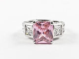 Classic Elegant 3 Stone Princess Cut Pink Silver Ring