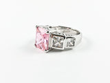 Classic Elegant 3 Stone Princess Cut Pink Silver Ring