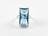 Classic Elegant Blue Radiant Cut Rectangular Shaped Silver Ring