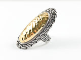 Classic Textured Long Slender Shape 2 Tone Tribal Accent Silver Ring