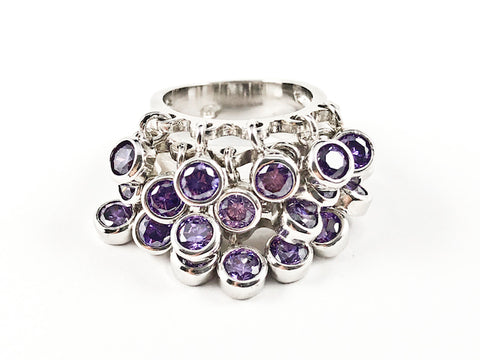 Unique Multi Dangling Purple Color Bezel CZs Fun Design Silver Ring