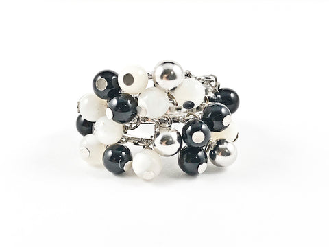 Unique Multi Dangle Shiny Metallic Black & White Ball Beads Fun Design Silver Ring