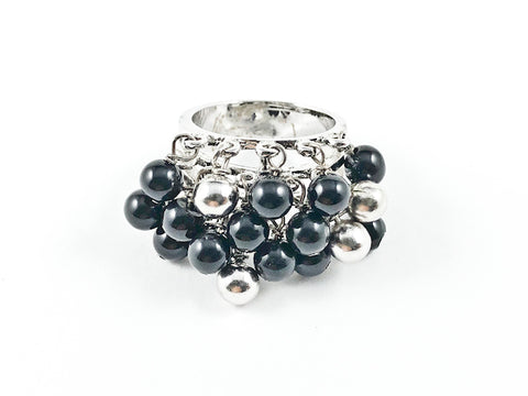 Unique Multi Dangle Shiny Metallic Black & Silver Ball Beads Fun Design Silver Ring