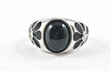 Beautiful Center Oval Black Natural Style CZ With Floral Design Sides Silver Ring