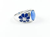 Beautiful Center Oval Blue Natural Style CZ With Floral Design Sides Silver Ring