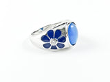 Beautiful Center Oval Blue Natural Style CZ With Floral Design Sides Silver Ring