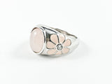 Beautiful Center Oval Pink Natural Style CZ With Floral Design Sides Silver Ring
