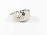 Beautiful Center Oval Pink Natural Style CZ With Floral Design Sides Silver Ring