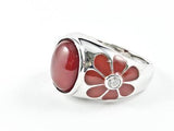 Cute Fun Red Enamel Flower Design Band With Center Red Stone Silver Ring