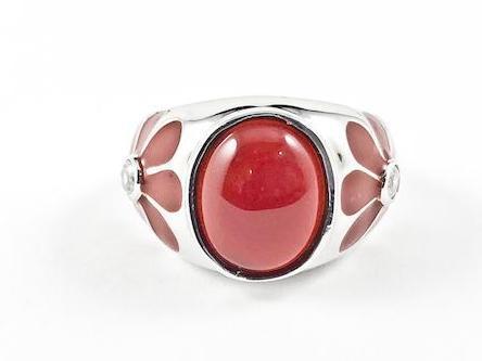 Cute Fun Red Enamel Flower Design Band With Center Red Stone Silver Ring