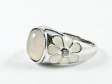 Cute Fun White Enamel Flower Design Band With Center Moon Stone Silver Ring