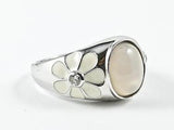 Cute Fun White Enamel Flower Design Band With Center Moon Stone Silver Ring